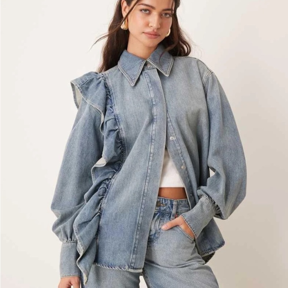 ASOS Light Blue Ruffle Denim Button-Down Shirt - Picture 2 of 4